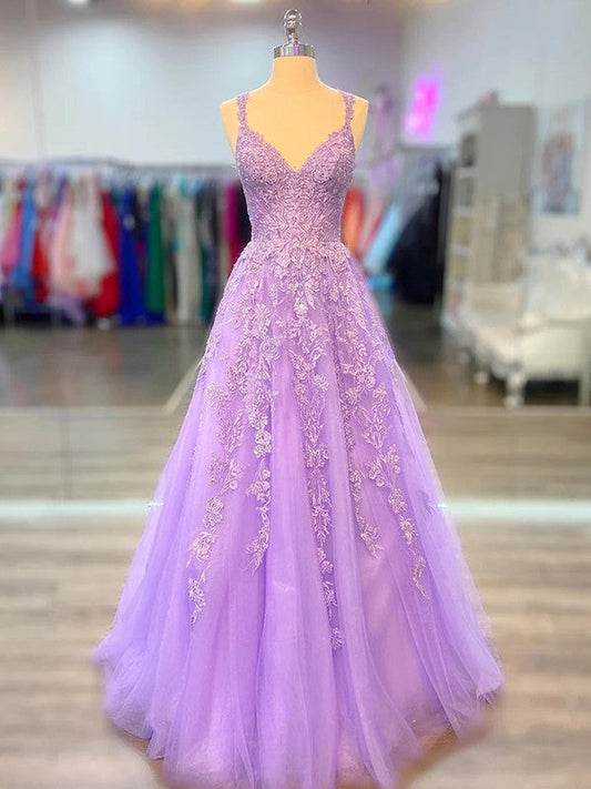 A-Line/Princess Tulle Applique V-neck Sleeveless Sweep/Brush Train Prom Dress