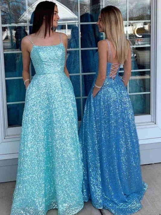 A-Line/Princess Sequins Spaghetti Straps Sleeveless Sweep/Brush Train Prom Dress