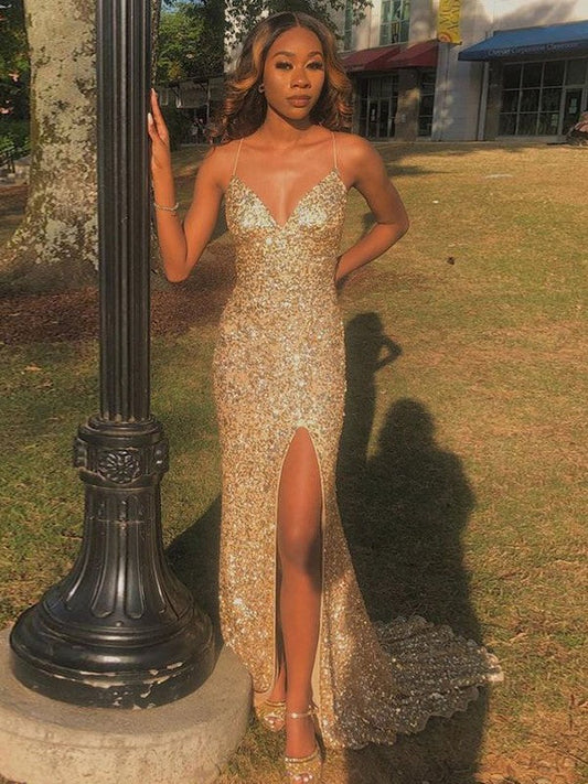 Sheath/Column Sequins V-neck Sleeveless Sweep/Brush Train Prom Dress