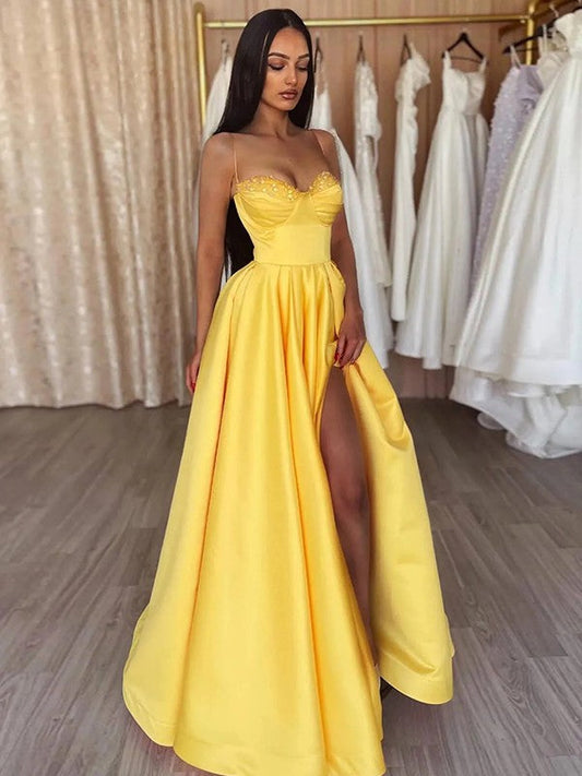 A-Line/Princess Satin Ruffles Spaghetti Straps Sleeveless Floor-Length Prom Dress