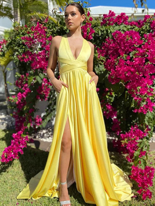 A-Line/Princess Silk like Satin Ruffles V-neck Sleeveless Sweep/Brush Train Prom Dress