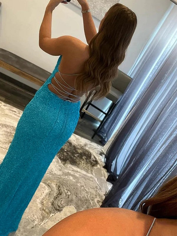 Sheath/Column Sequins Ruched V-neck Sleeveless Sweep/Brush Train Prom Dress