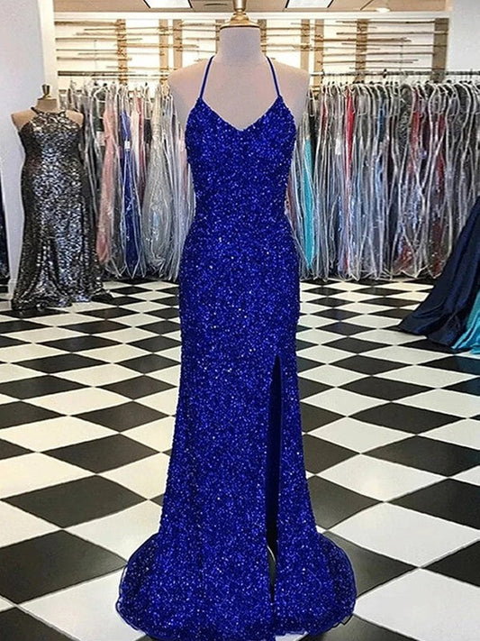 Sheath/Column Velvet Sequins V-neck Sleeveless Sweep/Brush Train Prom Dress