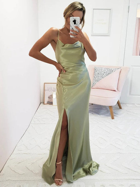 Sheath/Column Silk like Satin Ruched Spaghetti Straps Sleeveless Sweep/Brush Train Prom Dress