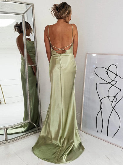 Sheath/Column Silk like Satin Ruched Spaghetti Straps Sleeveless Sweep/Brush Train Prom Dress