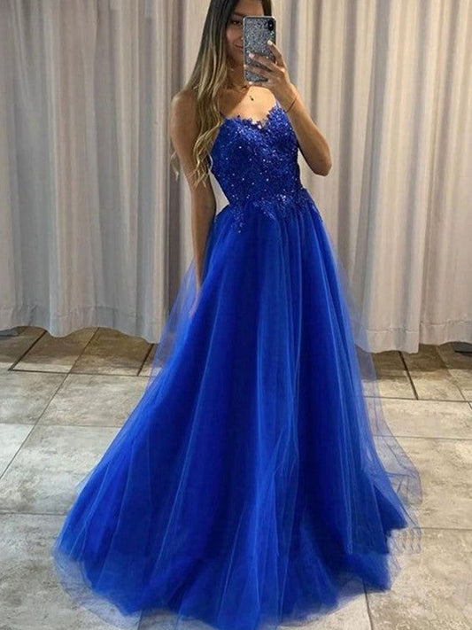 A-Line/Princess Tulle Applique Spaghetti Straps Sleeveless Sweep/Brush Train Prom Dress