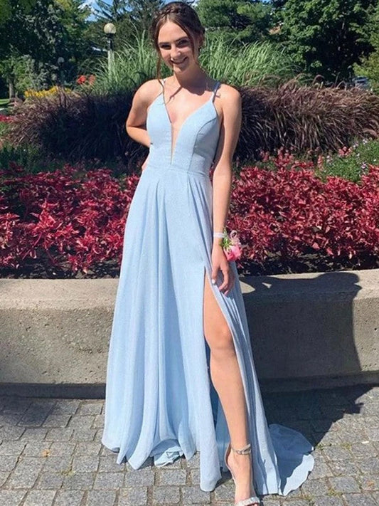 A-Line/Princess Chiffon Ruffles V-neck Sleeveless Sweep/Brush Train Prom Dress
