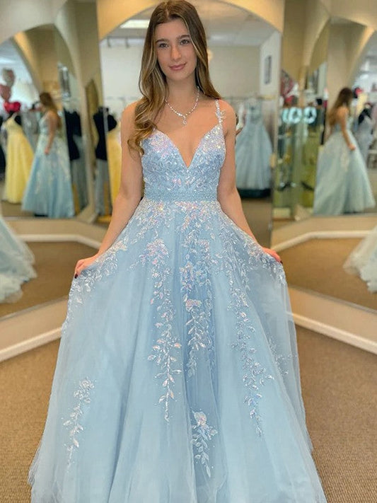 A-Line/Princess Tulle Applique V-neck Sleeveless Sweep/Brush Train Prom Dress