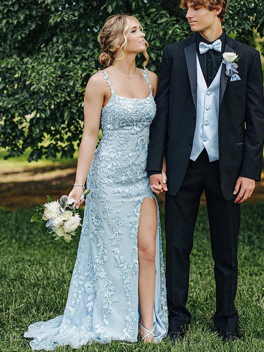Sheath/Column Tulle Applique Straps Sleeveless Sweep/Brush Train Prom Dress