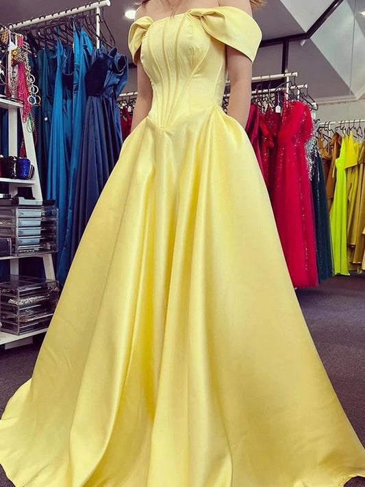 A-Line/Princess Satin Ruffles Off-the-Shoulder Sleeveless Sweep/Brush Train Prom Dress