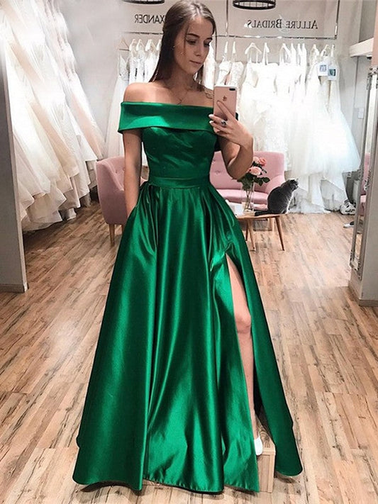 A-Line/Princess Satin Ruffles Off-the-Shoulder Sleeveless Floor-Length Prom Dress