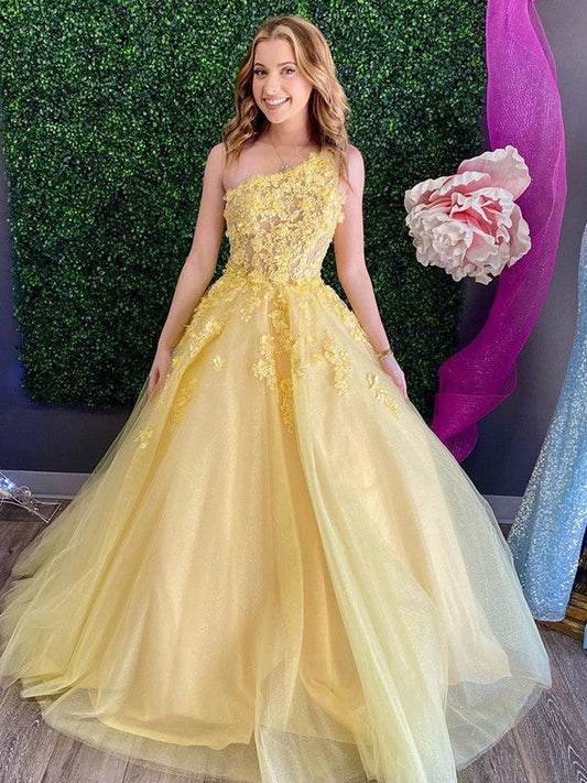 A-Line/Princess Tulle Applique One-Shoulder Sleeveless Sweep/Brush Train Prom Dress