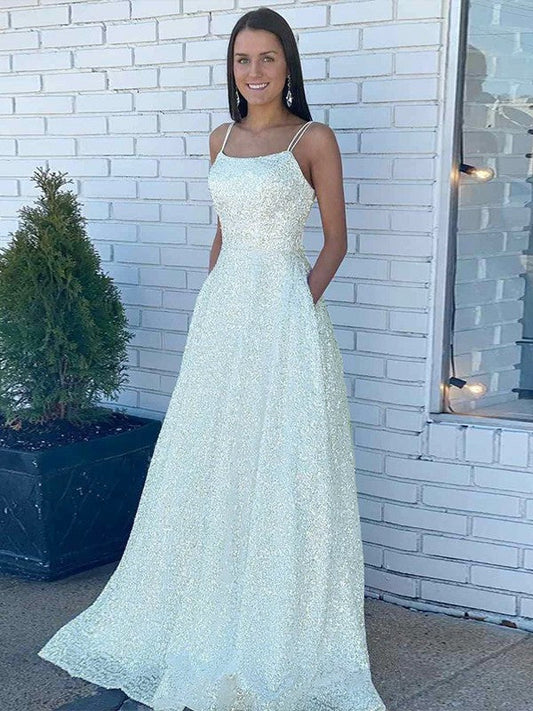 A-Line/Princess Sequins Spaghetti Straps Sleeveless Sweep/Brush Train Prom Dress