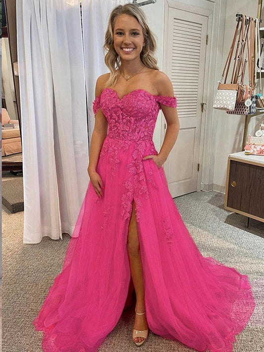 A-Line/Princess Tulle Applique Off-the-Shoulder Sleeveless Court Train Prom Dress
