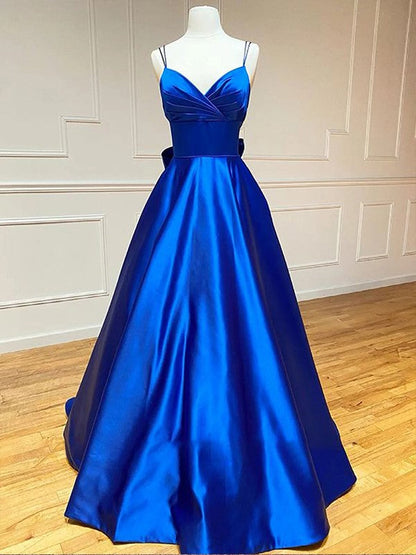A-Line/Princess Satin Bowknot V-neck Sleeveless Court Train Prom Dress