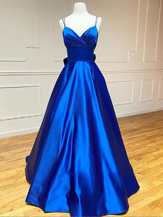 A-Line/Princess Satin Bowknot V-neck Sleeveless Court Train Prom Dress