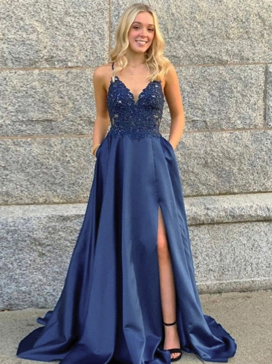 A-Line/Princess Elastic Woven Satin Applique V-neck Sleeveless Sweep/Brush Train Prom Dress