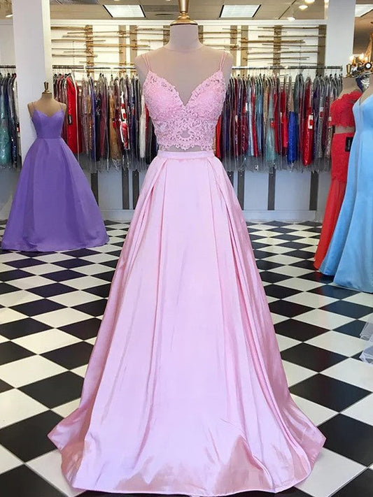 A-Line/Princess Satin Lace V-neck Sleeveless Floor-Length Prom Dress