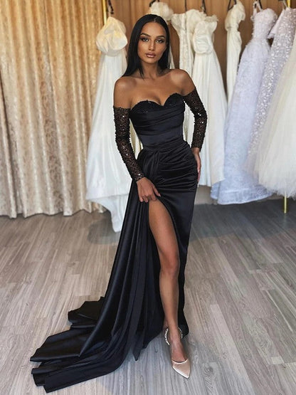 Sheath/Column Elastic Woven Satin Ruched Off-the-Shoulder Long Sleeves Sweep/Brush Train Prom Dress