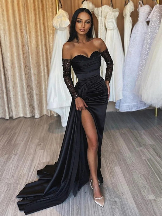 Sheath/Column Elastic Woven Satin Ruched Off-the-Shoulder Long Sleeves Sweep/Brush Train Prom Dress