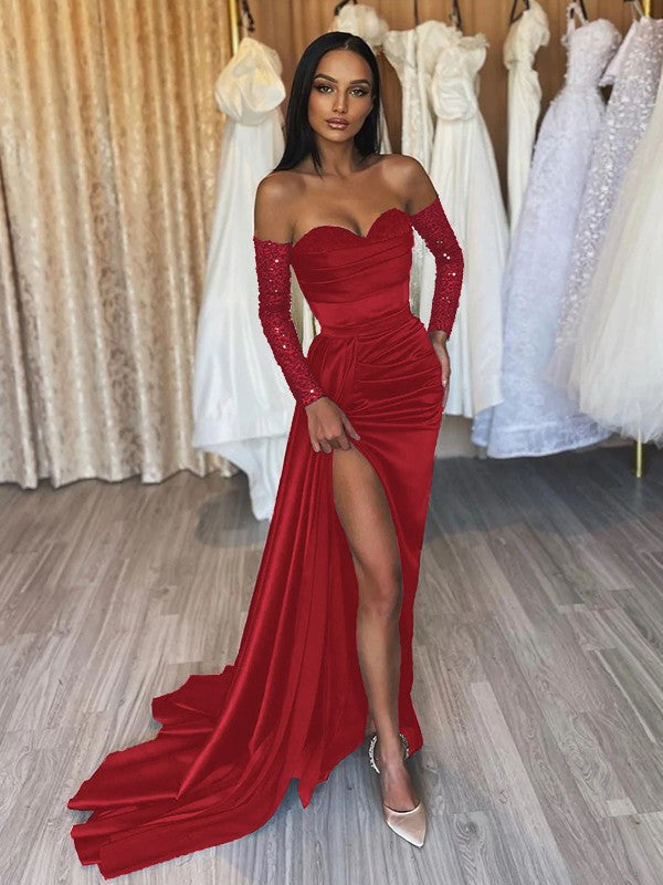 Sheath/Column Elastic Woven Satin Ruched Off-the-Shoulder Long Sleeves Sweep/Brush Train Prom Dress