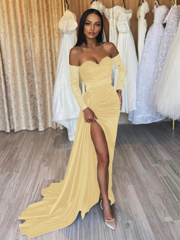 Sheath/Column Elastic Woven Satin Ruched Off-the-Shoulder Long Sleeves Sweep/Brush Train Prom Dress