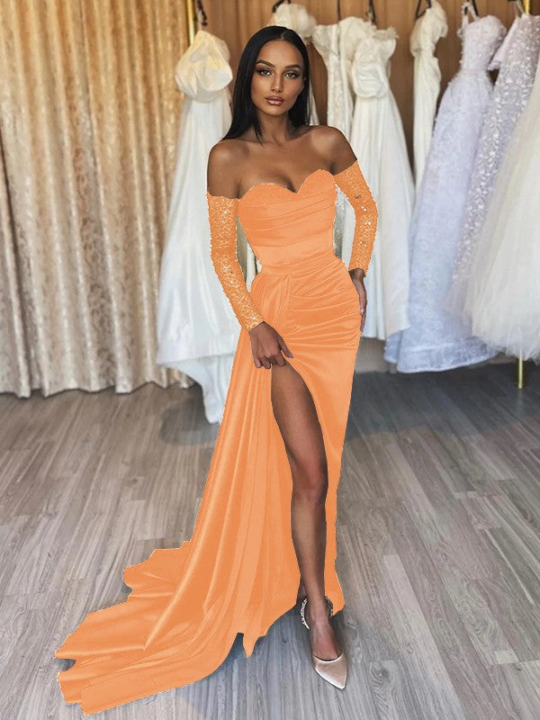 Sheath/Column Elastic Woven Satin Ruched Off-the-Shoulder Long Sleeves Sweep/Brush Train Prom Dress