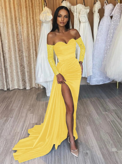 Sheath/Column Elastic Woven Satin Ruched Off-the-Shoulder Long Sleeves Sweep/Brush Train Prom Dress
