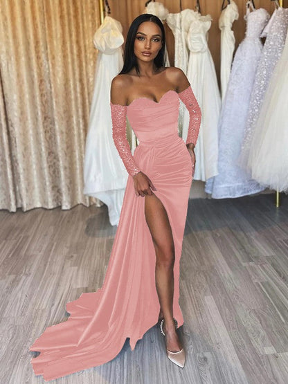 Sheath/Column Elastic Woven Satin Ruched Off-the-Shoulder Long Sleeves Sweep/Brush Train Prom Dress