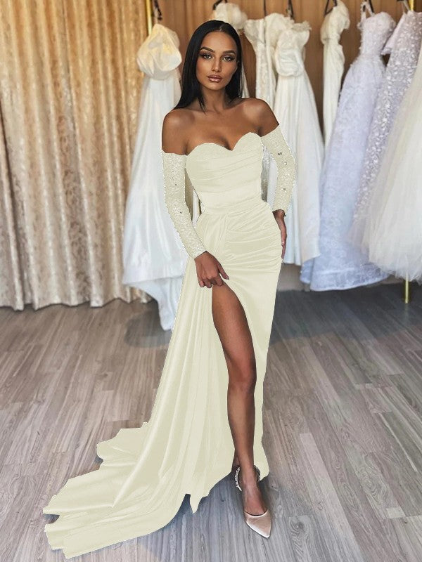 Sheath/Column Elastic Woven Satin Ruched Off-the-Shoulder Long Sleeves Sweep/Brush Train Prom Dress