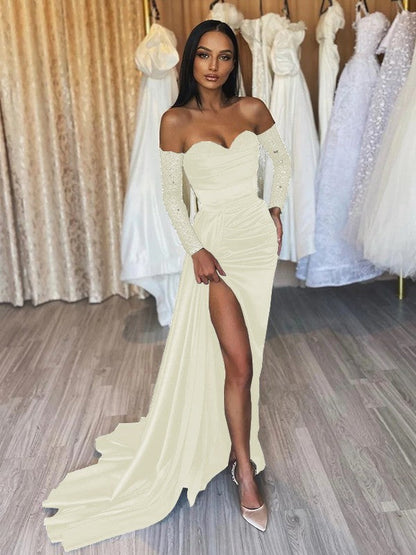 Sheath/Column Elastic Woven Satin Ruched Off-the-Shoulder Long Sleeves Sweep/Brush Train Prom Dress