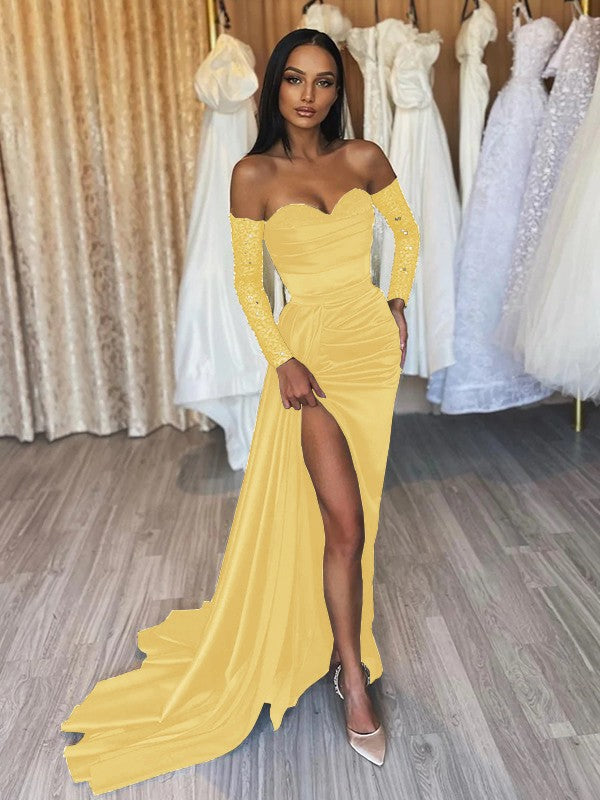 Sheath/Column Elastic Woven Satin Ruched Off-the-Shoulder Long Sleeves Sweep/Brush Train Prom Dress