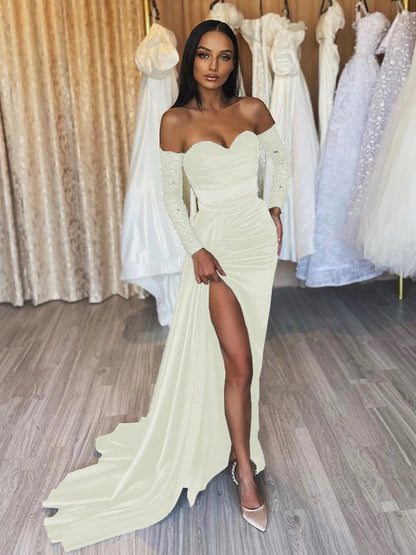 Sheath/Column Elastic Woven Satin Ruched Off-the-Shoulder Long Sleeves Sweep/Brush Train Prom Dress
