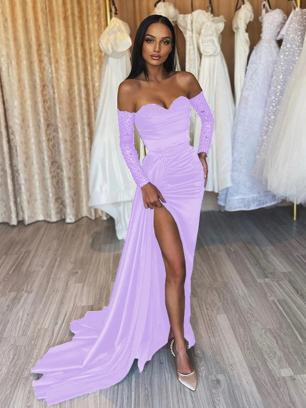 Sheath/Column Elastic Woven Satin Ruched Off-the-Shoulder Long Sleeves Sweep/Brush Train Prom Dress