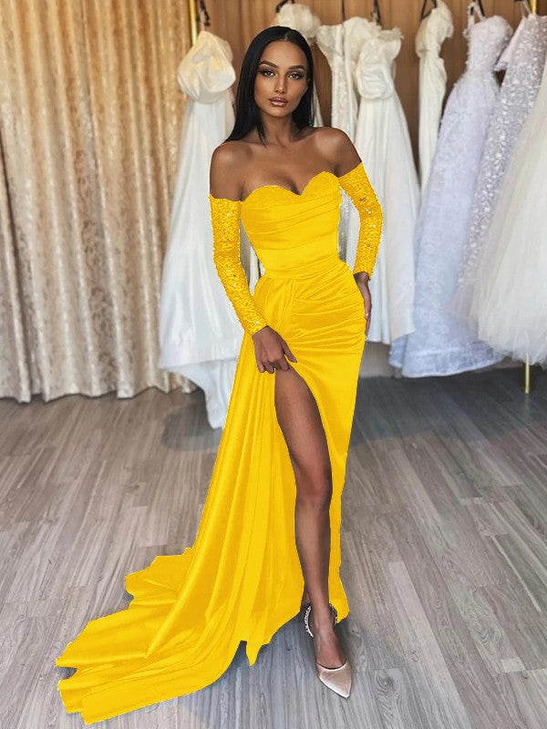 Sheath/Column Elastic Woven Satin Ruched Off-the-Shoulder Long Sleeves Sweep/Brush Train Prom Dress