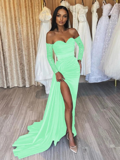 Sheath/Column Elastic Woven Satin Ruched Off-the-Shoulder Long Sleeves Sweep/Brush Train Prom Dress