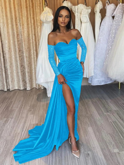 Sheath/Column Elastic Woven Satin Ruched Off-the-Shoulder Long Sleeves Sweep/Brush Train Prom Dress