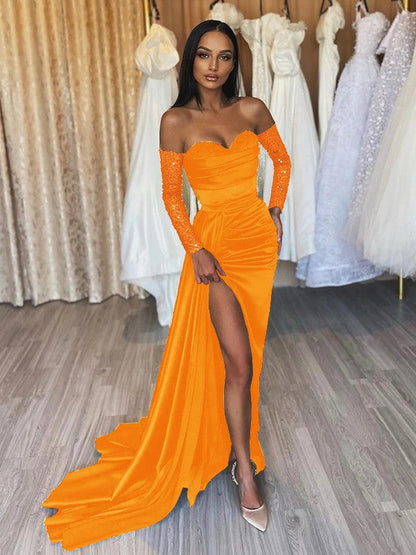 Sheath/Column Elastic Woven Satin Ruched Off-the-Shoulder Long Sleeves Sweep/Brush Train Prom Dress