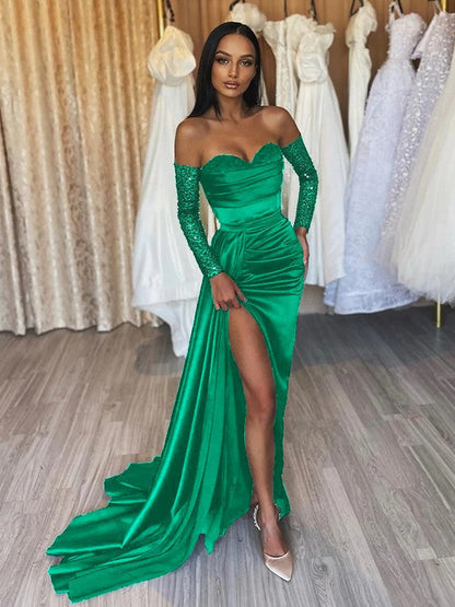 Sheath/Column Elastic Woven Satin Ruched Off-the-Shoulder Long Sleeves Sweep/Brush Train Prom Dress