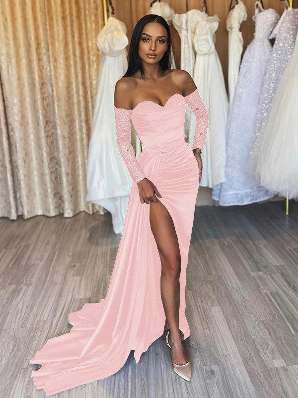 Sheath/Column Elastic Woven Satin Ruched Off-the-Shoulder Long Sleeves Sweep/Brush Train Prom Dress