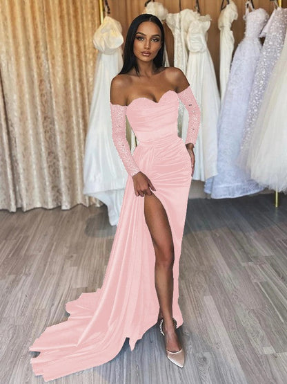 Sheath/Column Elastic Woven Satin Ruched Off-the-Shoulder Long Sleeves Sweep/Brush Train Prom Dress