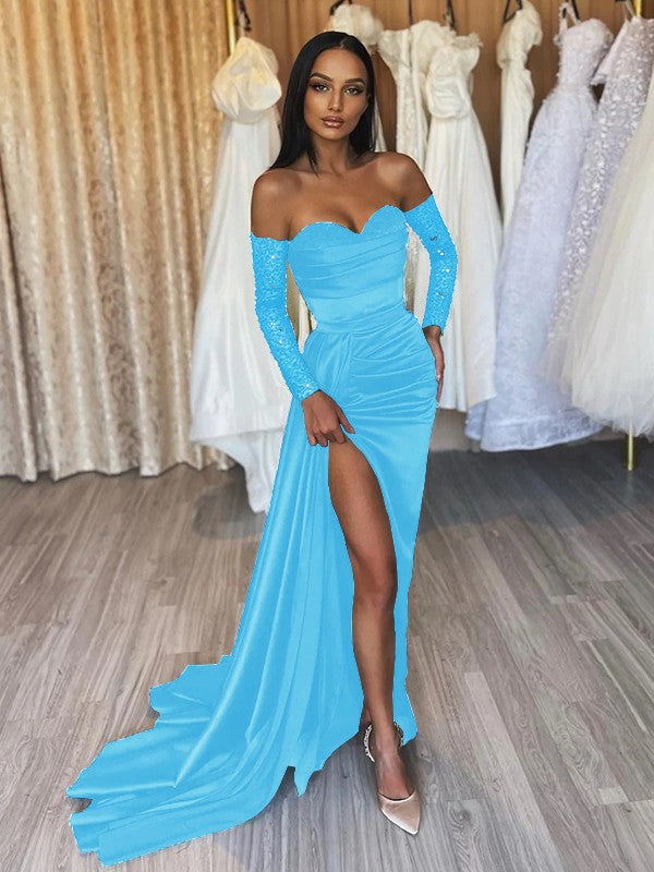 Sheath/Column Elastic Woven Satin Ruched Off-the-Shoulder Long Sleeves Sweep/Brush Train Prom Dress