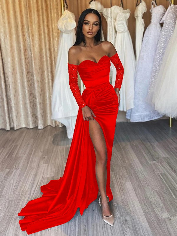 Sheath/Column Elastic Woven Satin Ruched Off-the-Shoulder Long Sleeves Sweep/Brush Train Prom Dress