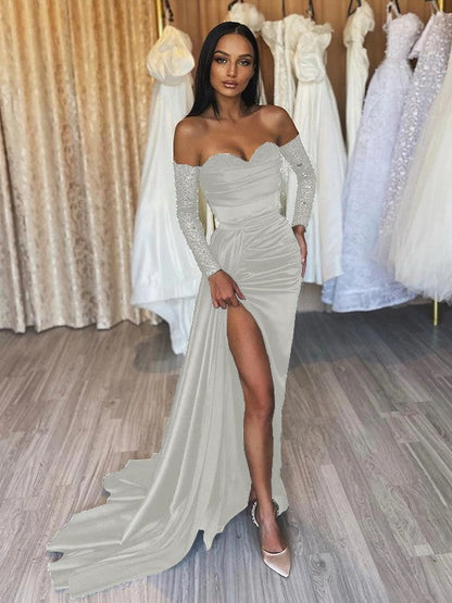 Sheath/Column Elastic Woven Satin Ruched Off-the-Shoulder Long Sleeves Sweep/Brush Train Prom Dress