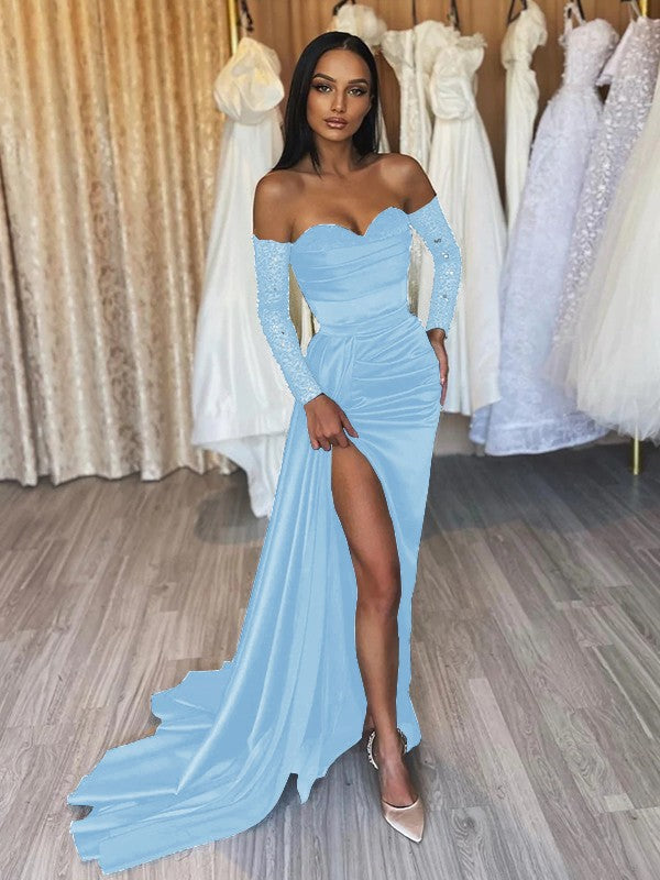 Sheath/Column Elastic Woven Satin Ruched Off-the-Shoulder Long Sleeves Sweep/Brush Train Prom Dress
