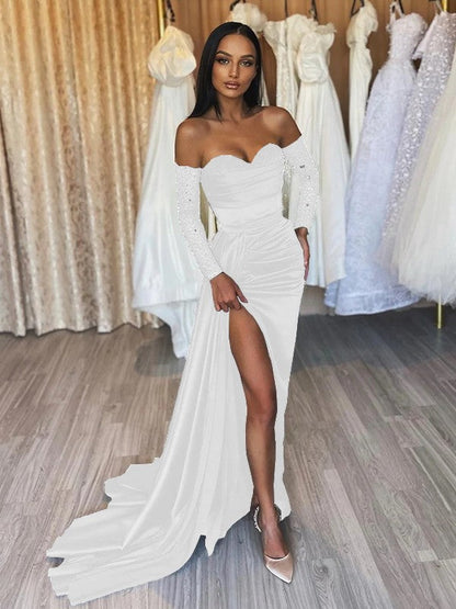 Sheath/Column Elastic Woven Satin Ruched Off-the-Shoulder Long Sleeves Sweep/Brush Train Prom Dress