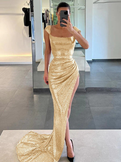Sheath/Column Sequins Ruched Square Sleeveless Court Train Prom Dress