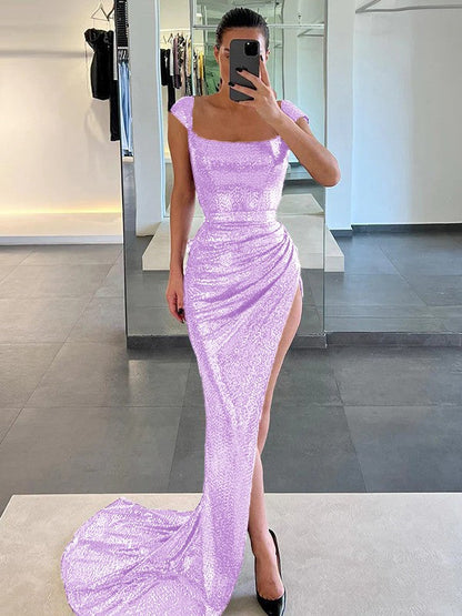 Sheath/Column Sequins Ruched Square Sleeveless Court Train Prom Dress