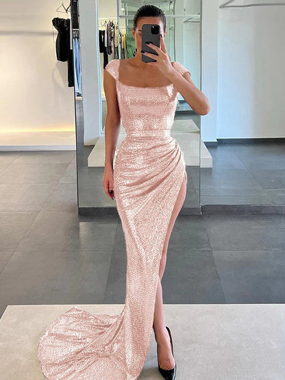 Sheath/Column Sequins Ruched Square Sleeveless Court Train Prom Dress