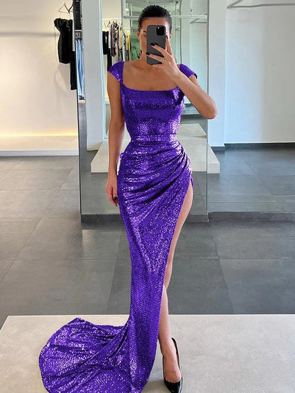 Sheath/Column Sequins Ruched Square Sleeveless Court Train Prom Dress